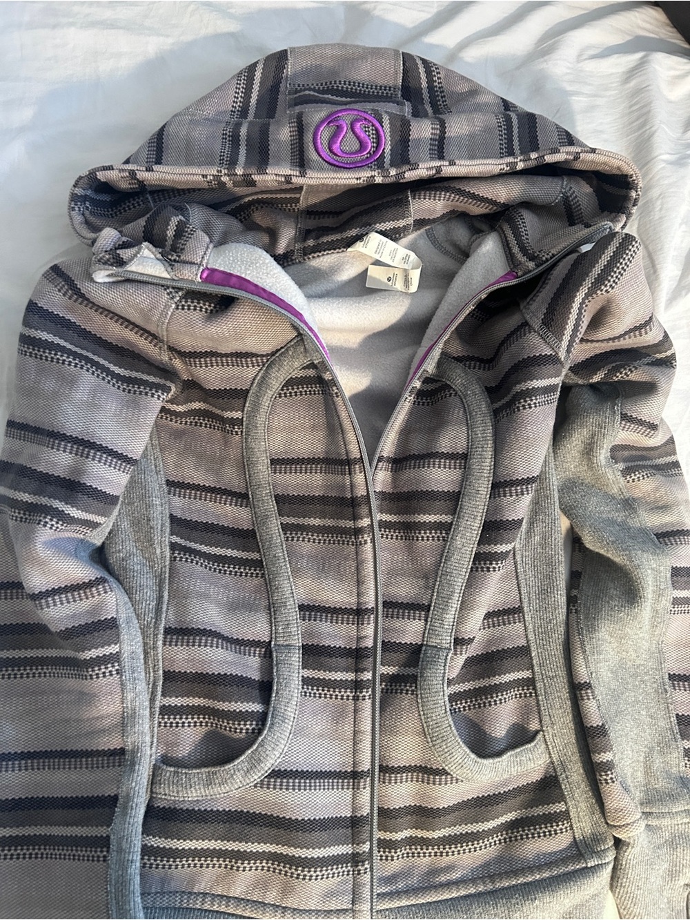 lululemon athletica Gray Striped Hooded Jacket with Purple Logo Trim
